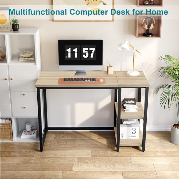 40 Inch Oak Computer Desk with Storage Shelves, Sturdy Office Writing Table with Metal Frame for Laptop Gaming Study