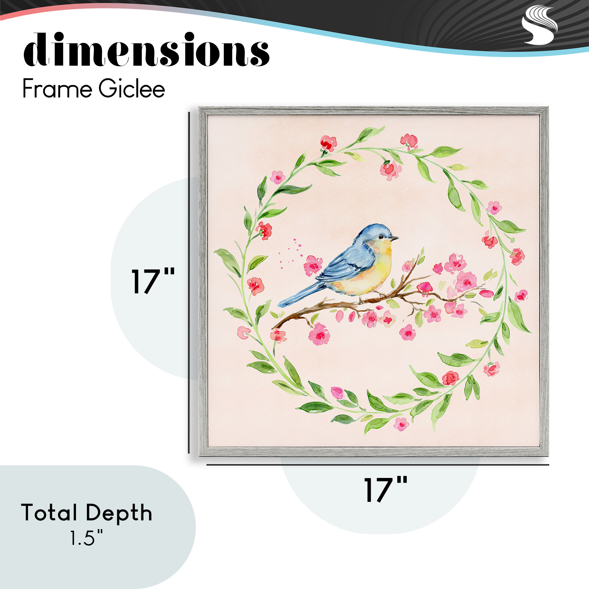 Spring Bird Wreath Perch Gray Framed Giclee Art, design by Elena Fay