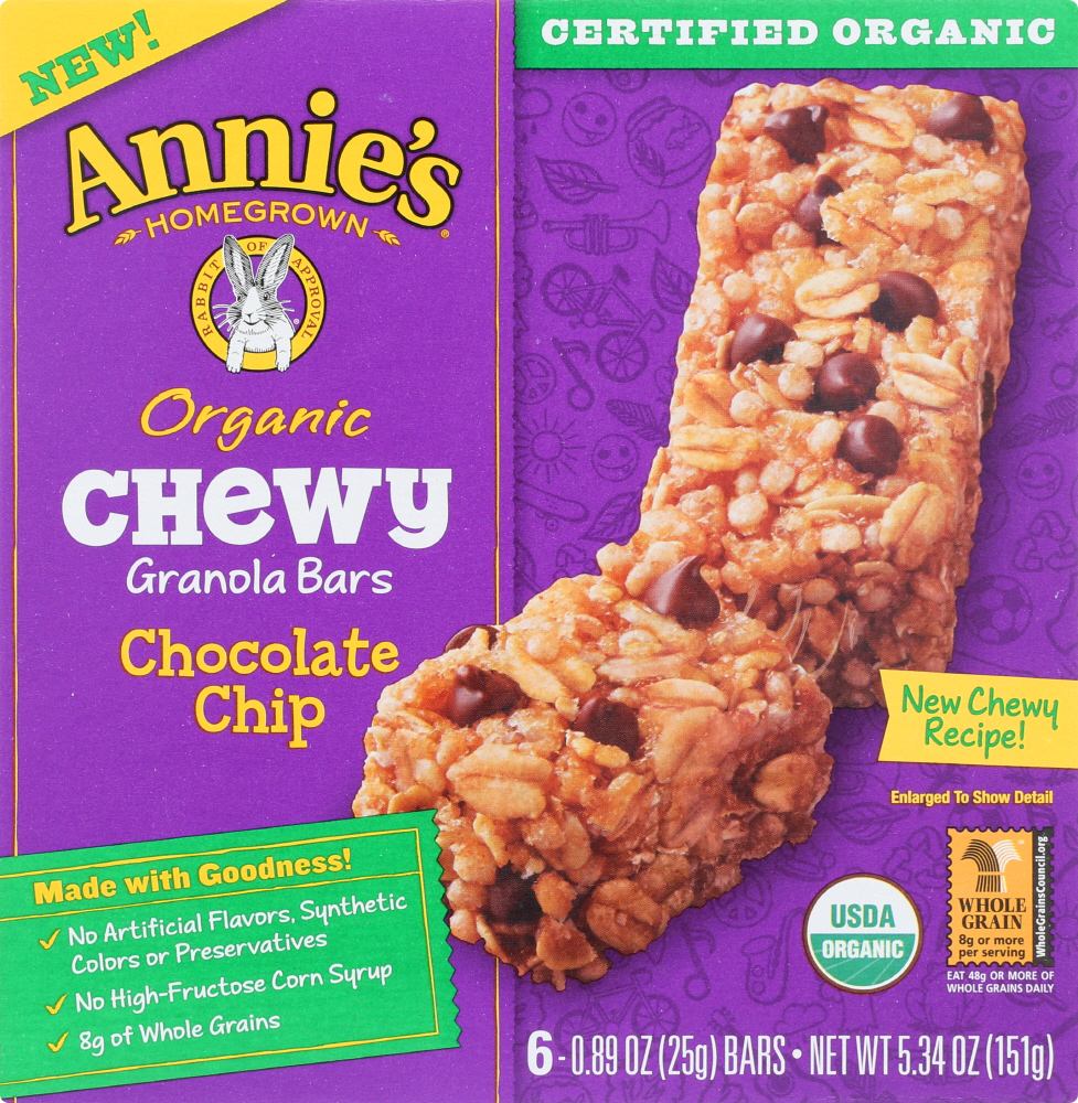 Annie's Organic Chewy Granola Bars, Chocolate Chip, 6 Bars, 5.34 oz ...