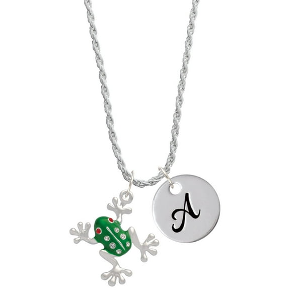 Delight Jewelry Silvertone Green Frog with Crystals Silvertone Script Initial Disc - A - Charm Necklace, 20" 3"