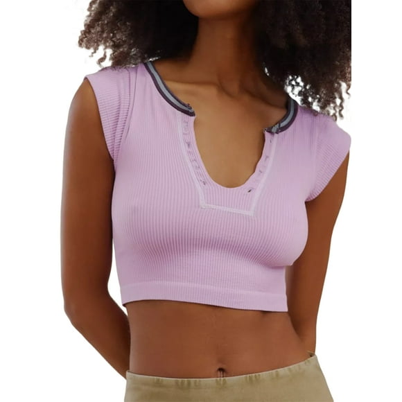 Women Short Sleeve Knit Ribbed Baby Crop Top Crew Neck Buttons Slim Fit Teen Basic Tee Shirts