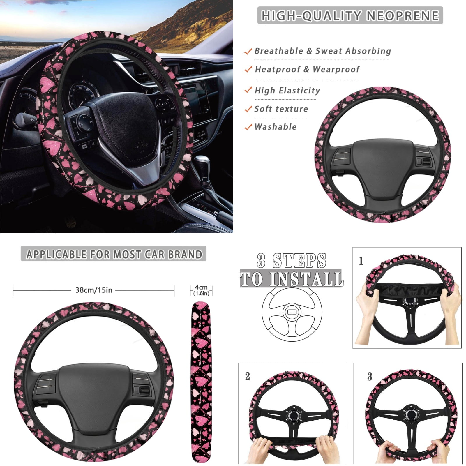 Jeiento Love Heart 14 PCS Car Seat Covers Set with Steering Wheel Cover Seat Belt Pads Garbage Bag Armrest Seat Box Cover Handbrake Cover Set Rear View Mirror Protector Coasters Auto Accessory