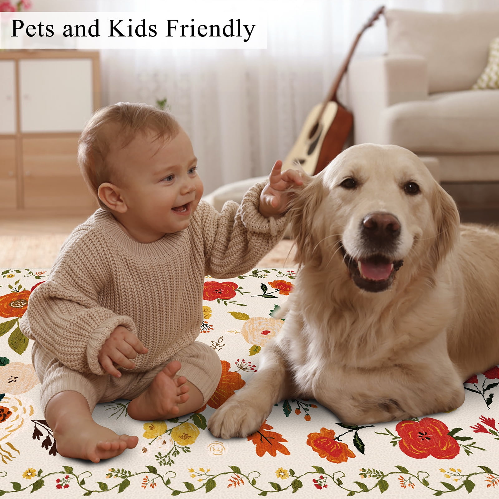 2'6''x 8' Boho Runner Rug for Hallways, Soft Non Slip Washable Runner Rug Floral Floor Carpet Runner Rug for Entryway Laundry Room Bathroom