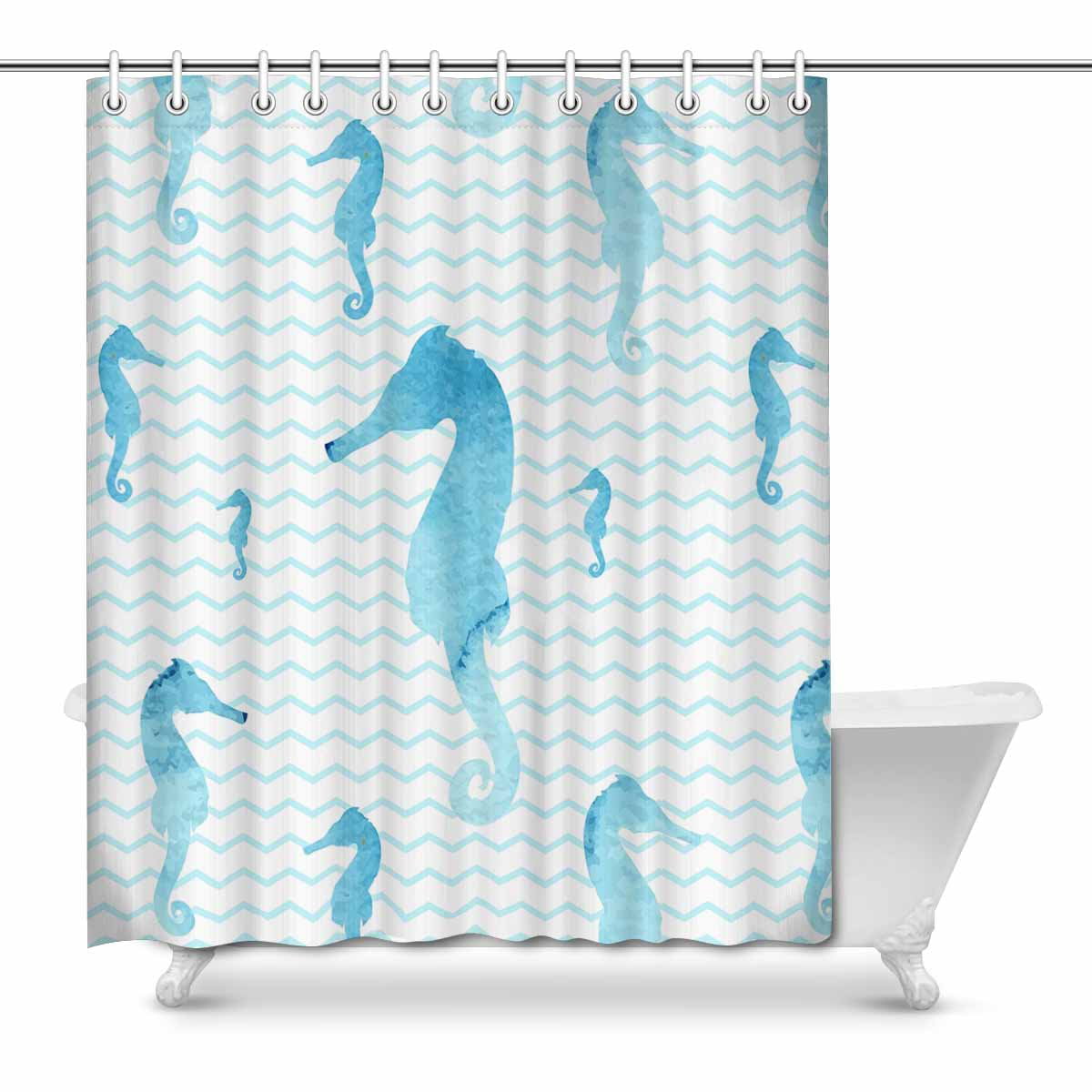 Fish Seahorse Starfish Shower Curtain Blue & Green Mosaic Design NEW