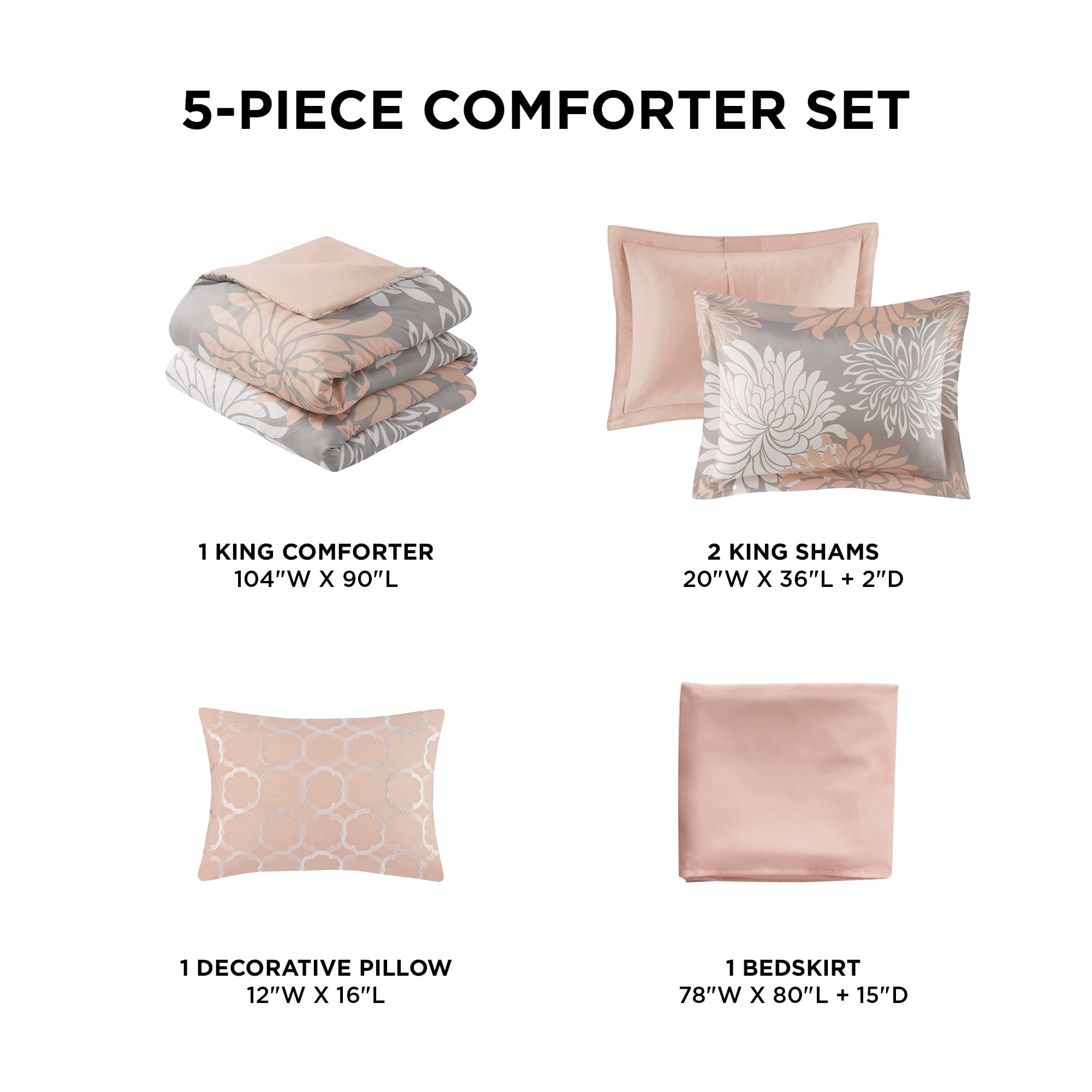 Regency Heights King Size Comforter Set, 5-Piece Floral Bedding Set for All Season, Blush Comforter Set King with Bed Skirt