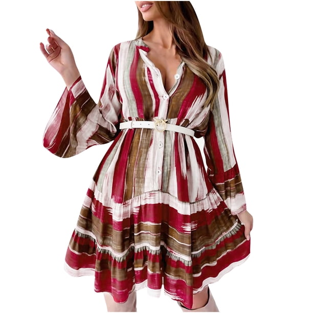 Vestido de falda de pastel bohemio de manga larga con volantes y cuello en V a la moda para mujer Wmkox8yi FGJ785