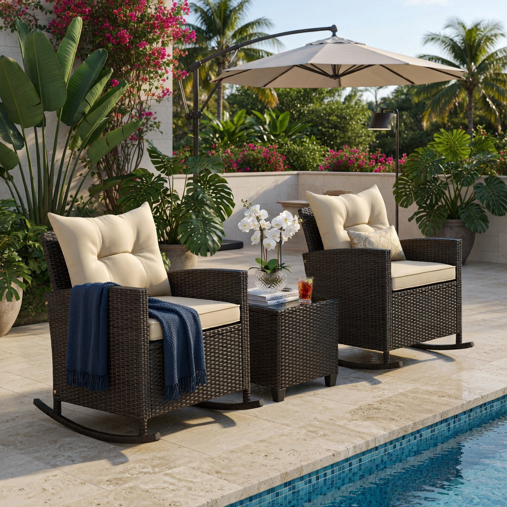 Hommoo 3-Piece Outdoor Rattan Rocking Chair Set with Tempered Glass Coffee Table & Removable Cushions, Weather-Resistant PE Wicker Patio Furniture for Backyard, Poolside & Porch, Brown