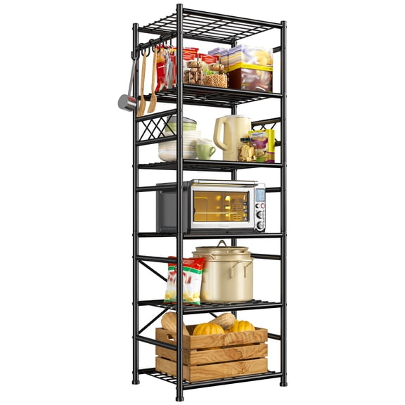 72" H Tall Garage Storage Shelves, 6-Tier Heavy Duty Steel Shelf Unit with Hooks and Leveling Feet, Black Metal Utility Rack for Garage, Home, or Warehouse