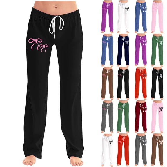 Xuniizn Casual Pants for Women Plus Size Drawstring Elastic Waist Straight Bows Print Loungewear Travel Pajama Pants Soft Comfy Yoga Sweatpants, S-5XL