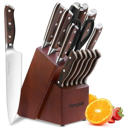 

Homgeek Knife Set 15 Piece with Wooden Block Sharpener and Serrated Kitchen Cutlery Set