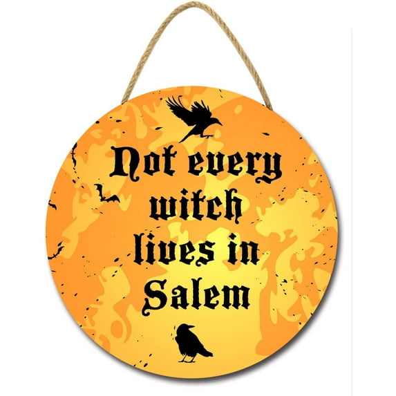 Eveokoki 11" Not Every Witch Lives in Salem Halloween Sign for Front Door Round Wooden Hanging Wreaths for Home Wall Decor Halloween Day Party Decoration Outdoor Indoor