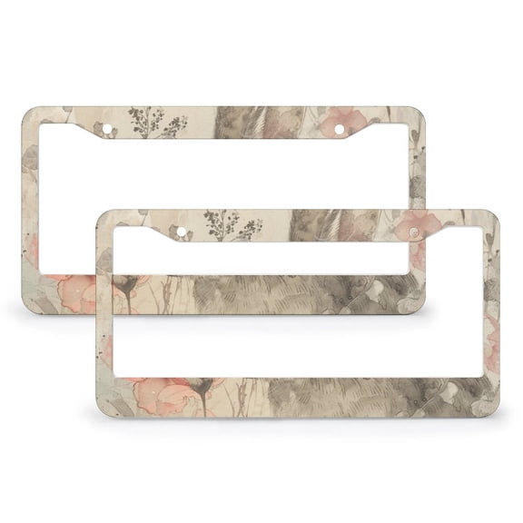 2 Pcs Set Bunny in Garden with Flowers License Plate Cover Spring Rabbit Flower Standard Car Tag Cover Holder Aluminum 2 Round Holes for Men/Women