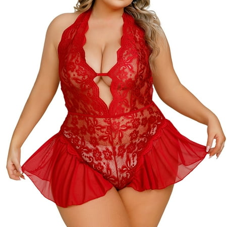 adviicd Ladies Lingeries Teddy Lingerie for Women Deep V Teddie Bodysuit Lace One Piece Lingerie Mini Bodysuit Watermelon Red 4XL