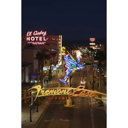 Neon casino signs lit up at dusk El Cortez Fremont Street The Strip Las Vegas Nevada USA Poster