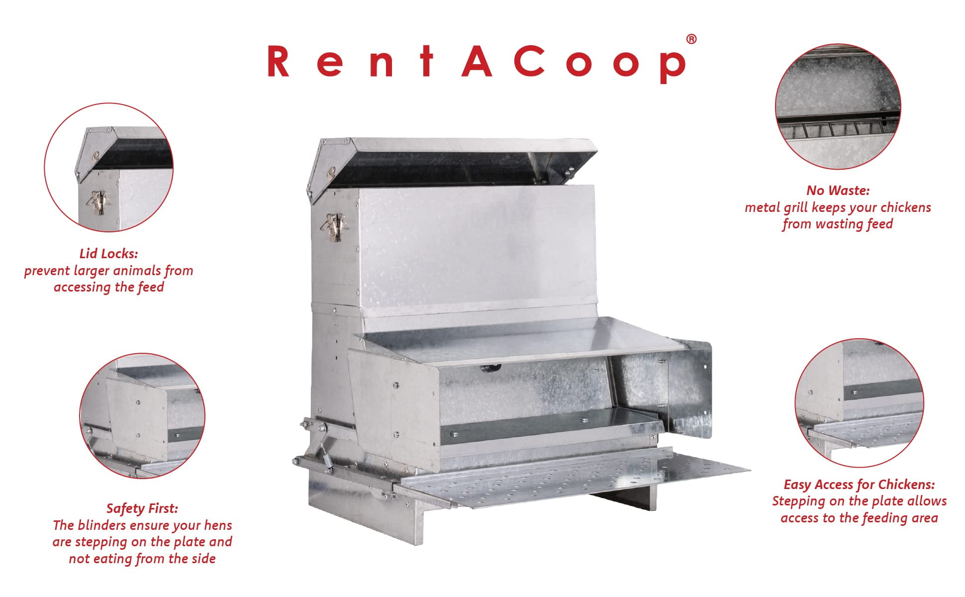 RentACoop Automatic Metal Treadle Feeder for Chicken, Bantams, Poultry, Pheasants, Ducks, and Fowl