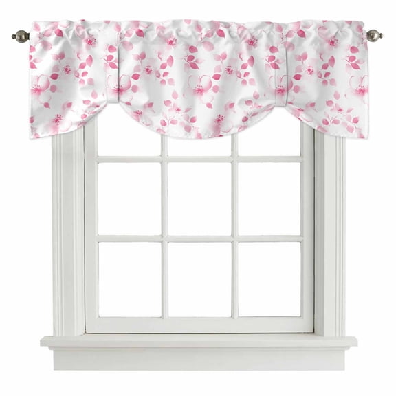 Pink Floral Tie Up Valance Curtains for Windows, Kitchen Curtains Window Treatments, Retro Blossom Flower Botanical Country Short Window Shades Valances for Bedroom Bathroom Cafe 54"x18"