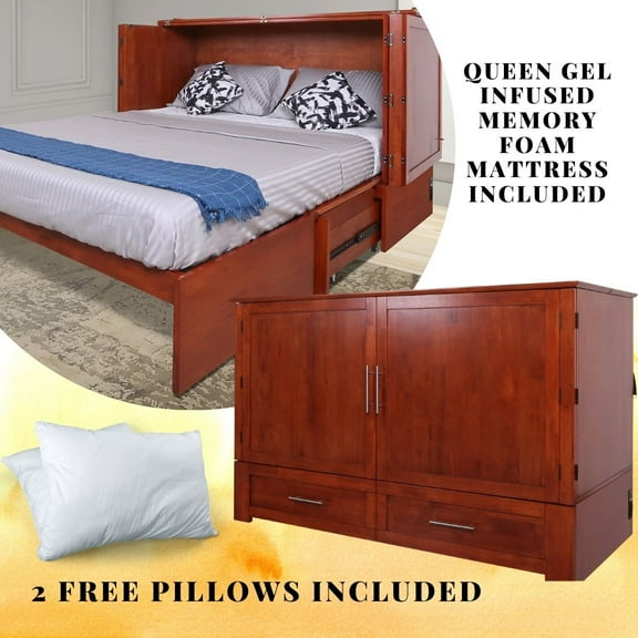 Mega Solutions Daily Delight Murphy Cabinet Chest Bed with Charging Station & 6" Memory Foam Mattress, Queen (Cherry)