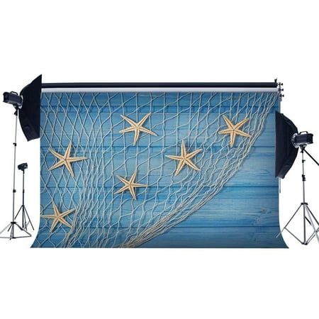 Image of ABPHOTO Polyester 7x5ft Seaside Backdrop Starfish Fishing Net Ocean Sailing Backdrops Blue Stripes Wood Plank Photography Background for Boys Children Summer Holiday Party Photo Studio Props