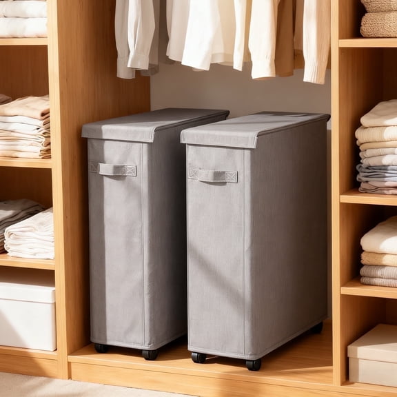 ZRSDIXK 2 Pcs 28'' Slim Laundry Hamper with Lid Laundry Basket with Wheels Rolling Laundry Hamper Collapsible Laundry Basket Oxford,65L/17.17 US gal, Gray