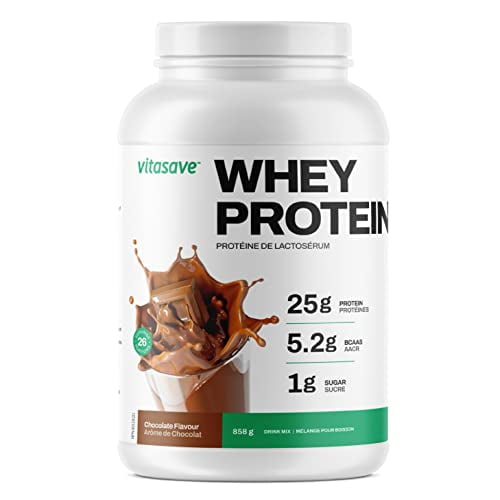 Whey Protein Powder by Vitasave – 100% Whey Protein Powder, 25g Protein Per Serving – Grass-Fed, Gluten-Free, BCAAs, Amino Acids - 26 servings, 858g Tub (Chocolate)