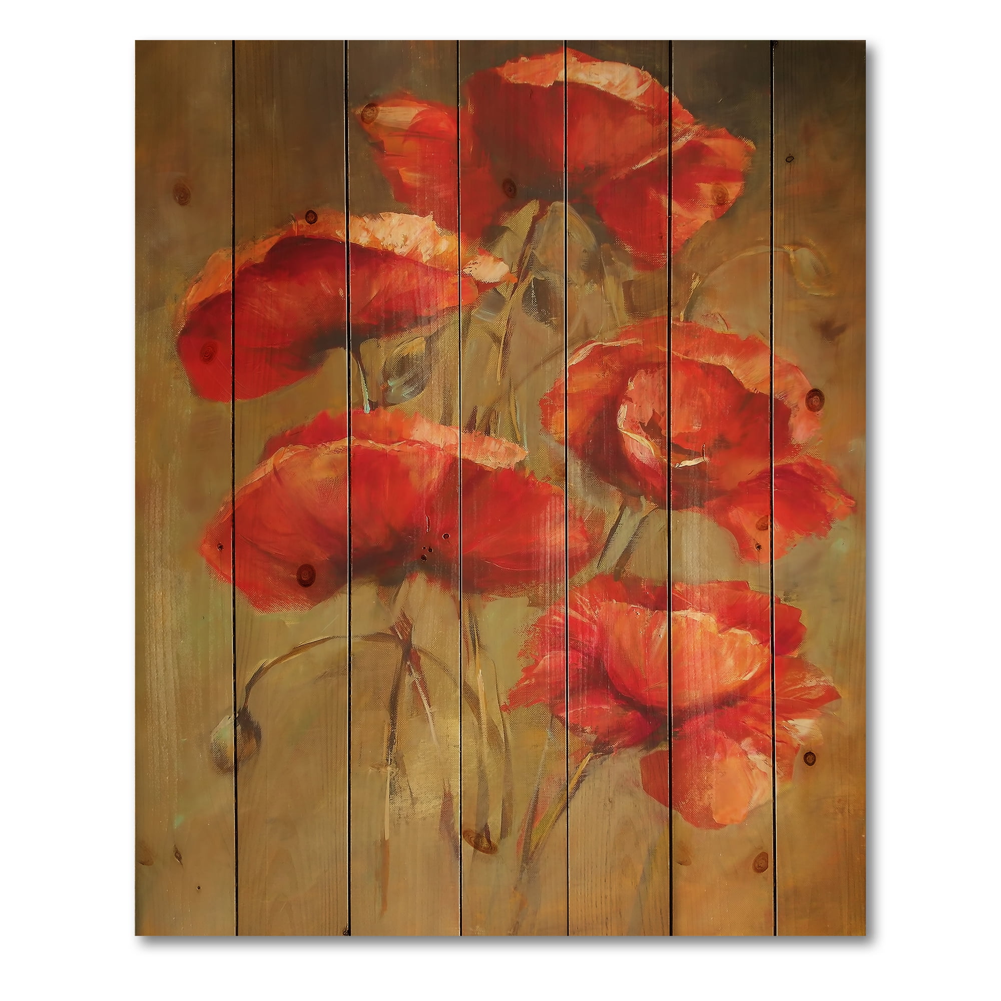 Designart 'Blooming Vintage Poppies I' Traditional Print on Natural Pine Wood