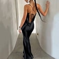 thumbnail image 3 of Women's Sexy Halter Backless Long Dress Sleeveless High Waist Splicing Satin Evening Gown, 3 of 4
