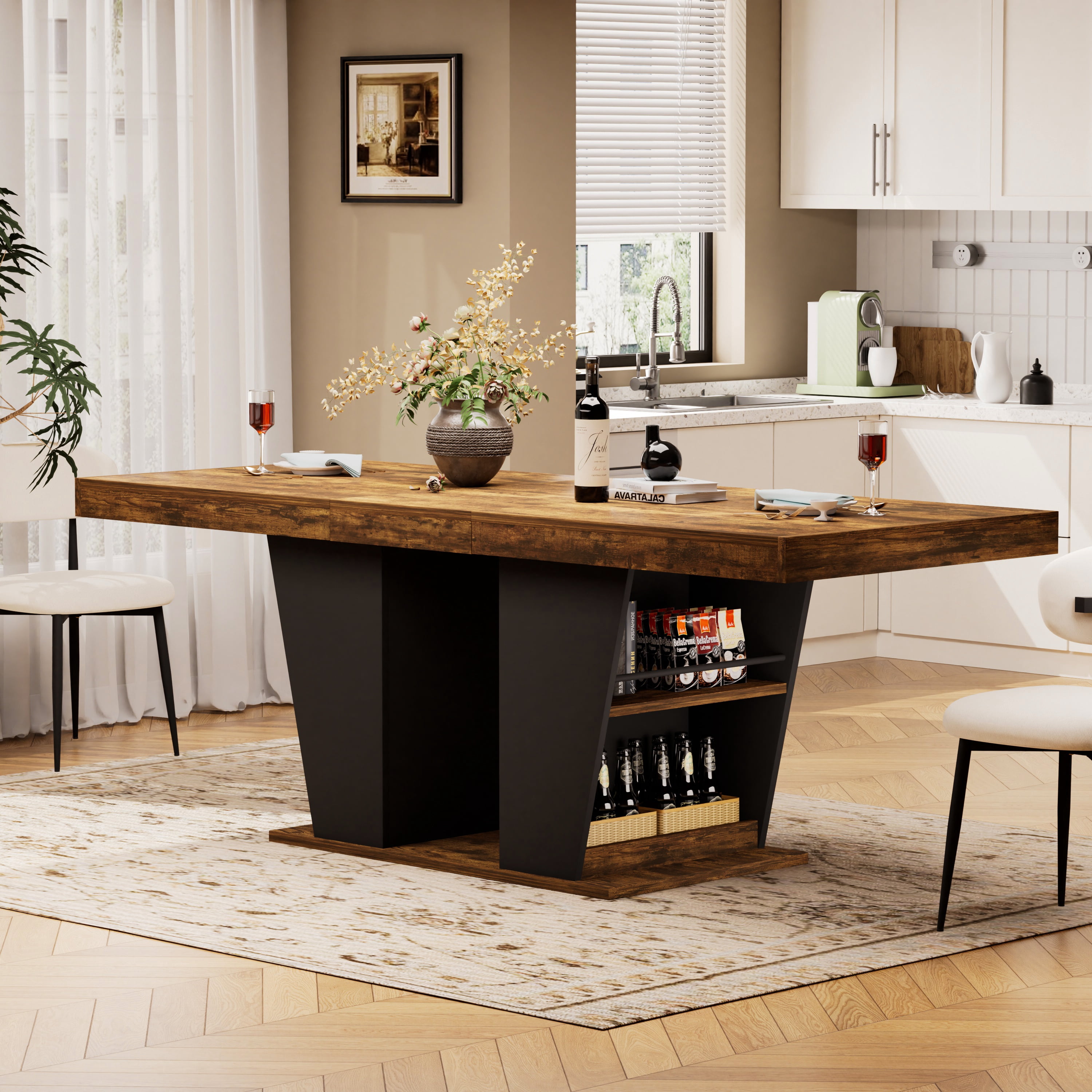 Extendable Dining Table 63-78.7 Inch 500 lbs Capacity Vintage Brown with Storage Shelves for Kitchen Dining Room