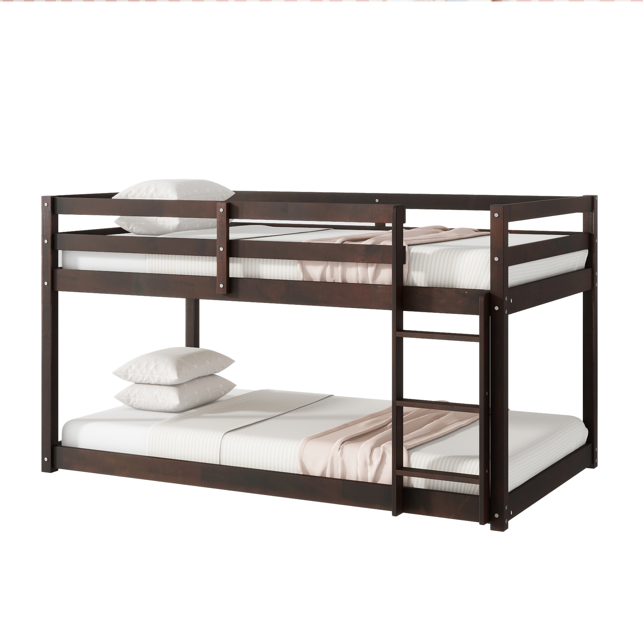 Noble House Jerome Twin Over Twin Floor Bunk Bed with Ladder, Solid Rubber Wood Frame with Strengthened Slats, Espresso