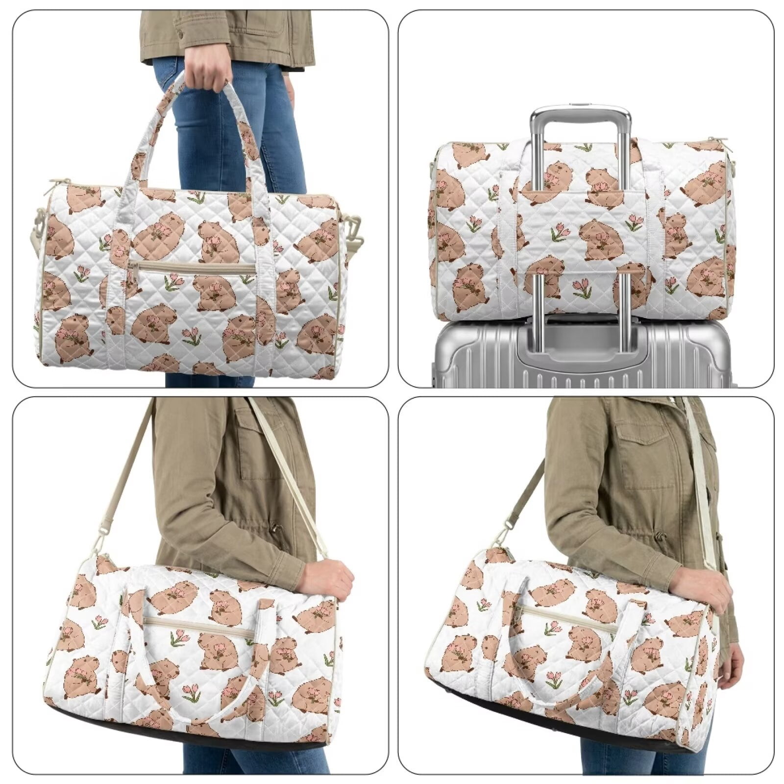 Garronmavis Cute Capybara Print Large Quilted Duffle Bag for Women, Weekender Travel Overnight Gym Carry On Tote Bag with Luggage Sleeve for Work Dance Trips