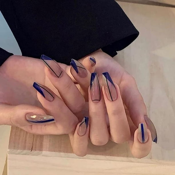 Press on Nails Medium Length with Design,Nude Coffin Acrylic nails press  on,Blue Black Stripes Square Shape Fake Nails,Full Cover Artificial Nail  Tips 