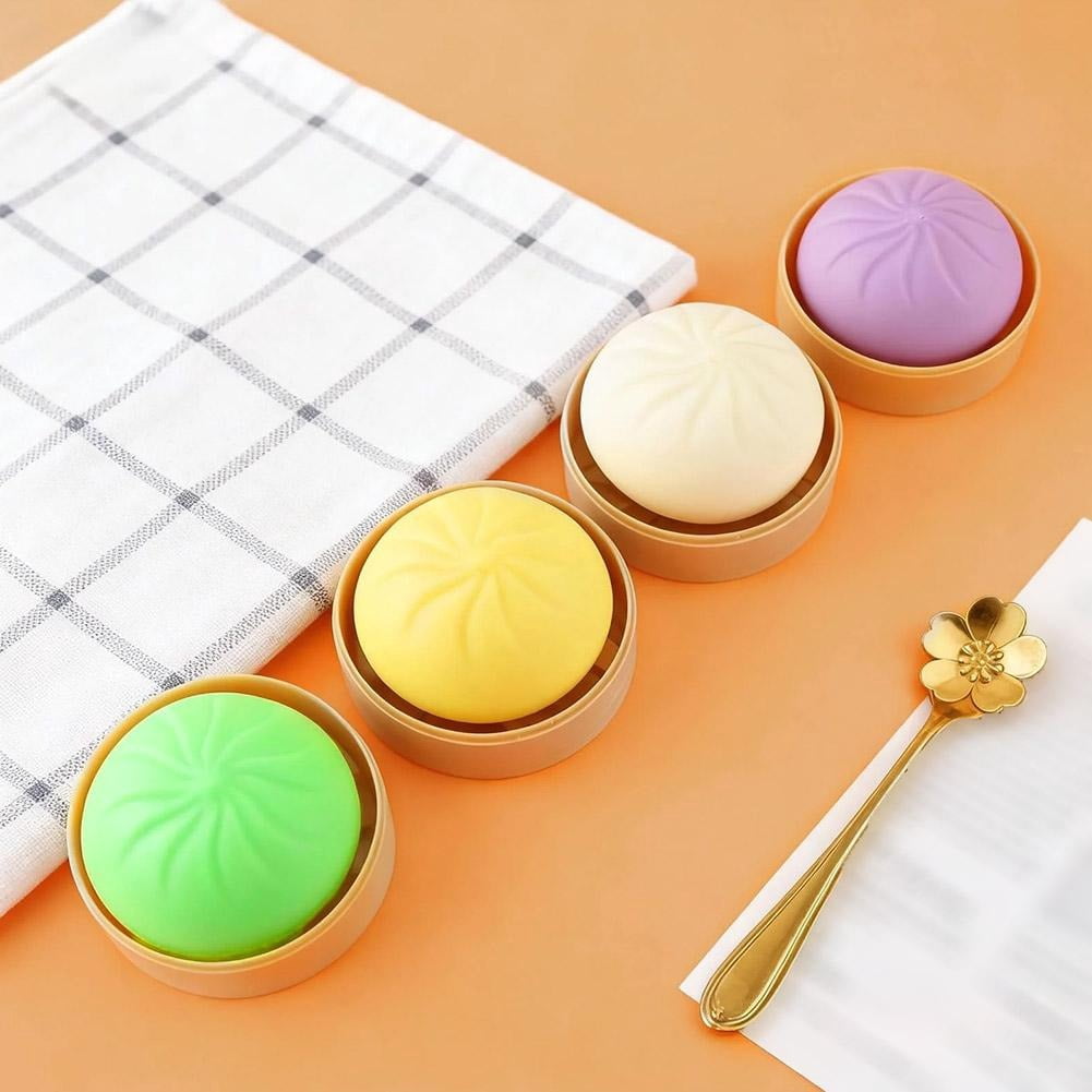 4 PCS Dumpling Stress Balls Fidget Sensory Toy Set, Realistic Steamed Bun Squeeze Toy with Steamer, Soft TPR Dough Ball Hand Toy for Anxiety Relief and Desk Decor