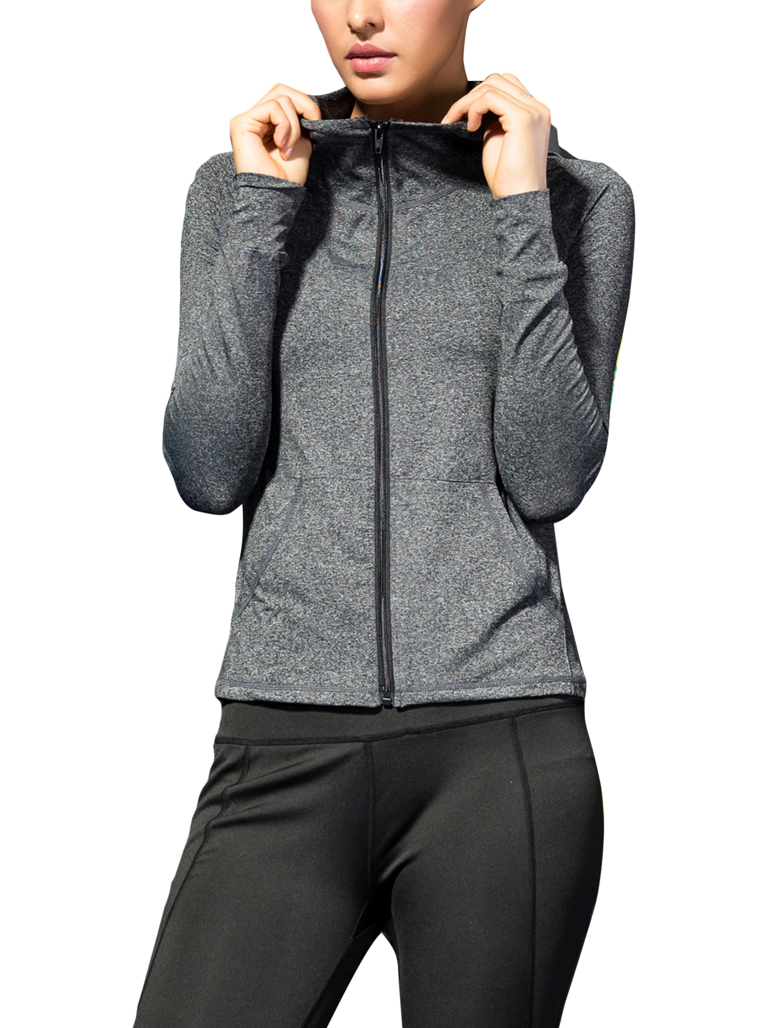 Women Sports Hooded Casual Long Sleeve Zipper Pocket Running Jacket Tops Coat