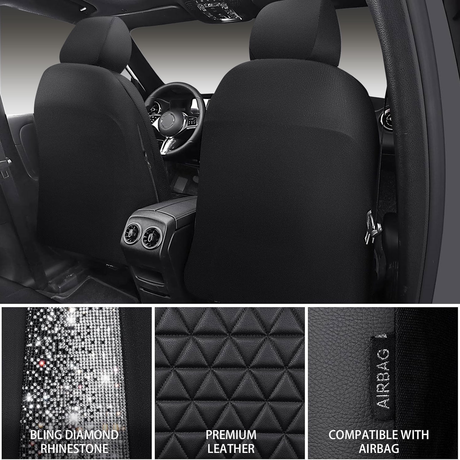 CAR GRAND Bling diamond leather automotive seat covers front pair water proof shining glitter sparkly crystal rhinestone universal armrest fit girl woman lady silver