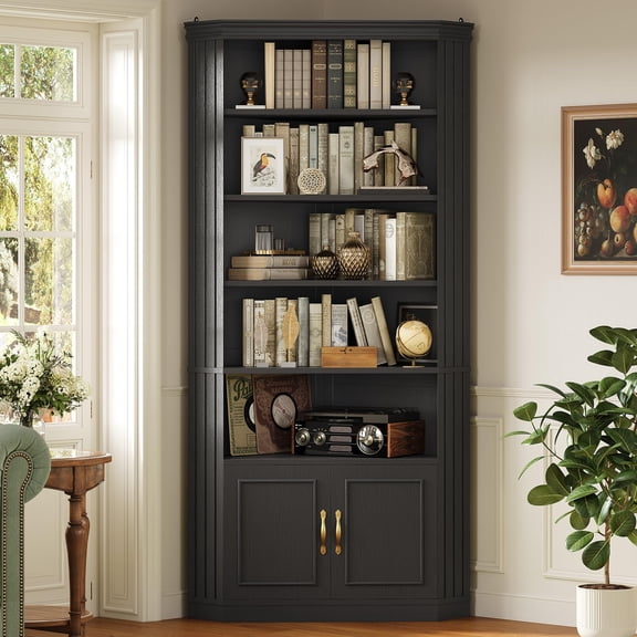 83" Tall Corner Bookshelf, 5 Tier Bookcase with Storage Cabinet and Adjustable Shelves, Freestanding L Shaped Display Shelf Stand for Living Room, Bedroom, Office, Black