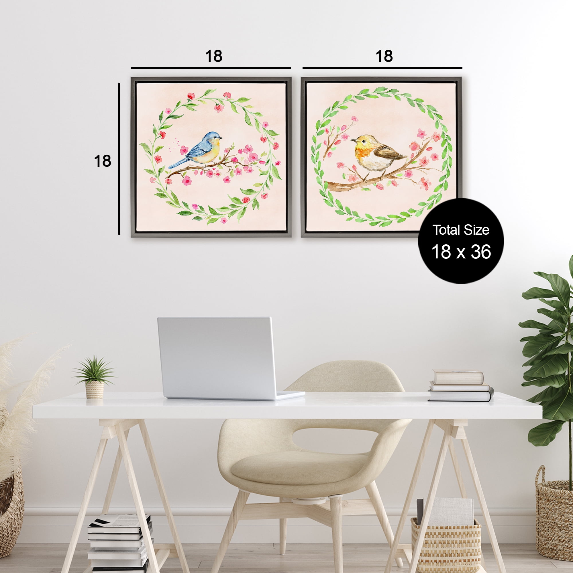 Spring Branches & Wreath Birds 2 Piece Gray Framed Floater Canvas Set, design by Elena Fay