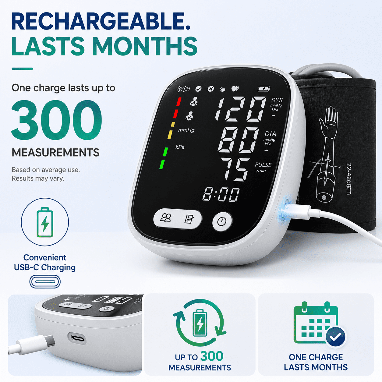 Moonsun Automatic Upper Arm Blood Pressure Monitor, 5.5″ Backlit Display, Rechargeable & Broadcast Voice, Large Cuff 8.7”-16.6”, 2-User 180 Memories for Home Use
