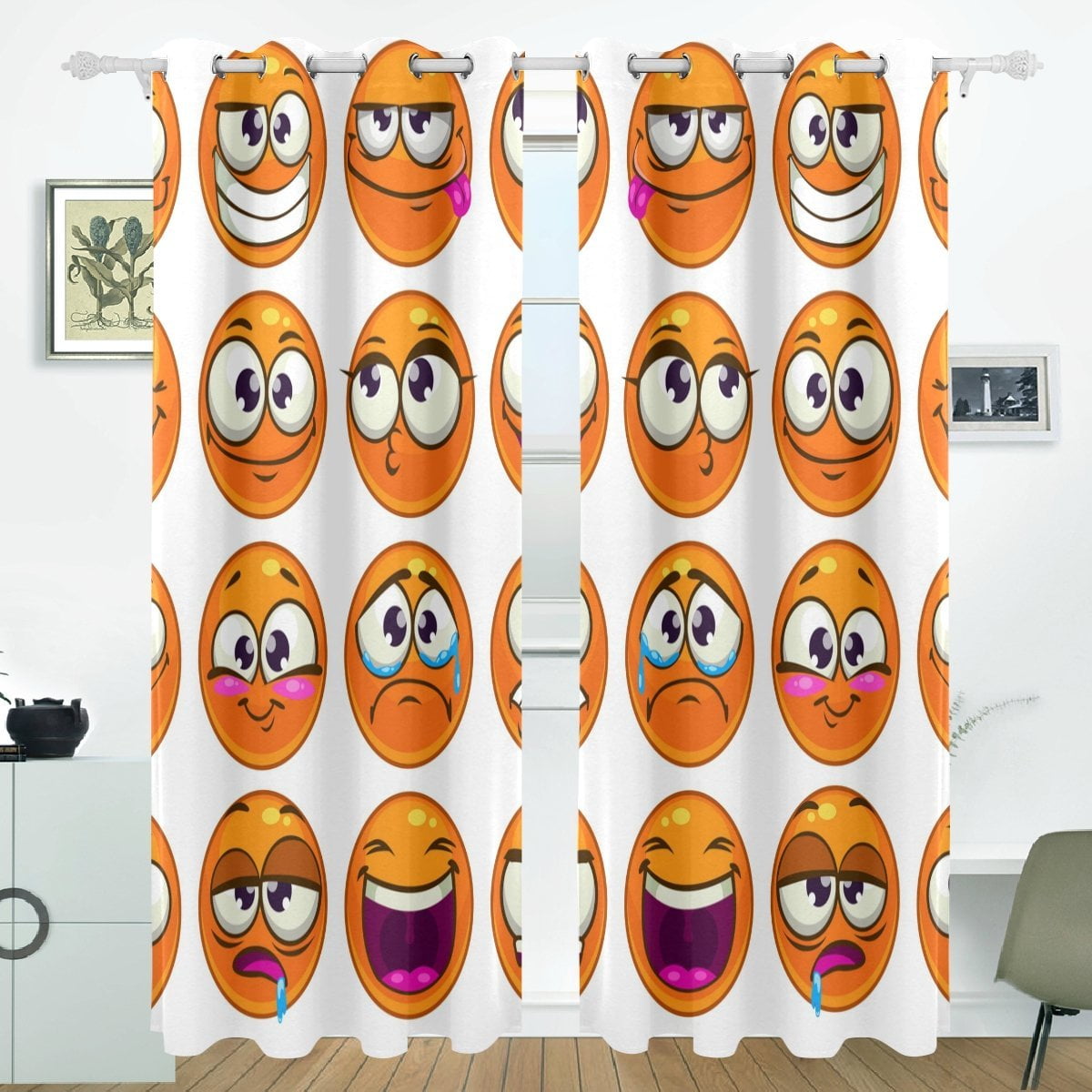 POPCreation Orange Cartoon Round Characters Emoji Window Curtain
