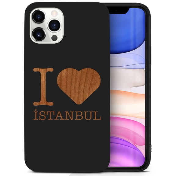 Case Yard Wooden Case for iPhone-12-Pro-Max Soft TPU Silicone cover Slim Fit Shockproof Wood Protective Phone Cover for Girls Boys Men and Women Supports Wireless Charging I Love Istanbul Design