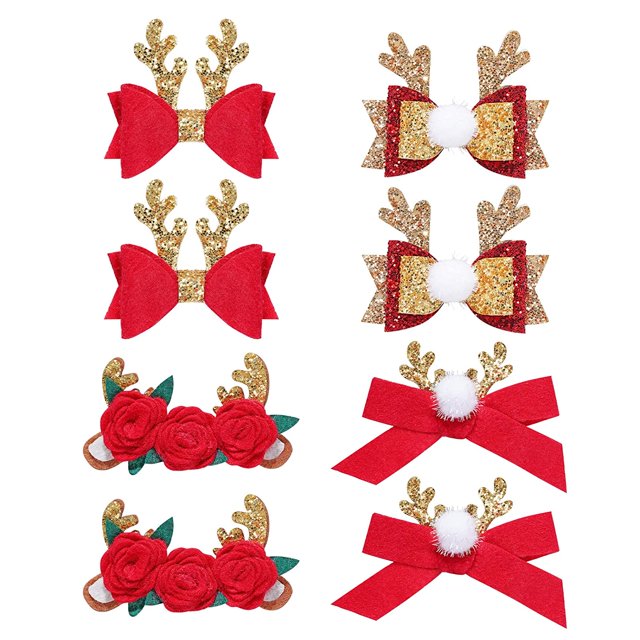 Paquete de 8 adornos navideños para el cabello de color rojo, tiara navideña, lazos de lentejuelas navideñas, lazos para el cabello de color cervatillo