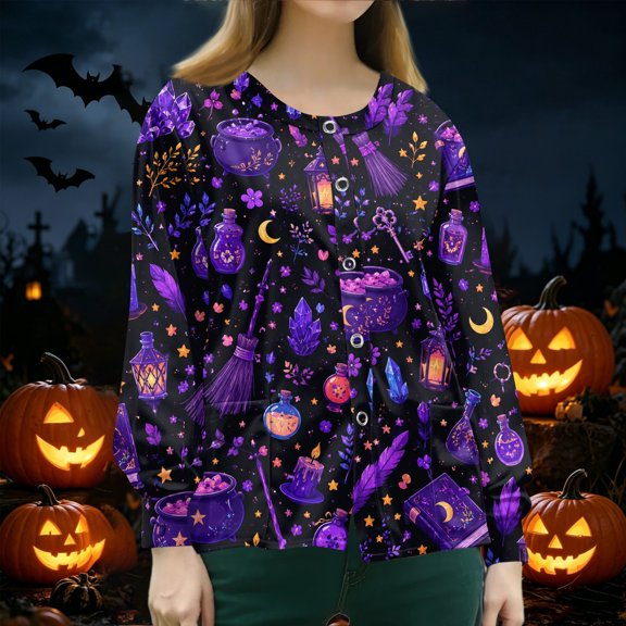 IYYVV Halloween Scrubs Jacket for Women Long Sleeve Printed Scrub Top Holiday Button Nursing Working Uniforms with Pocket Purple 4XL