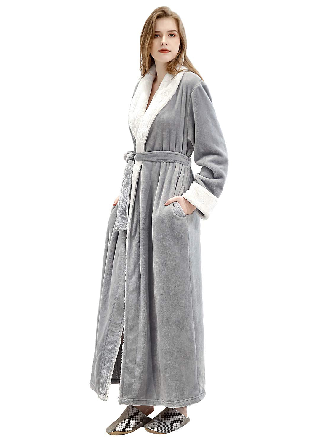 Womens Long Robe Fleece Dressing Gown Plush Bathrobe Ladies Shawl Collar Housecoat Sleepwear 
