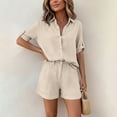thumbnail image 6 of Xdegoge Linen Outfits Women 2 Piece Collar Button Down Short Sleeve Matching Set Tops and Shorts Summer Casual Lounge Vacation Breathable Beach Clothes, 6 of 6