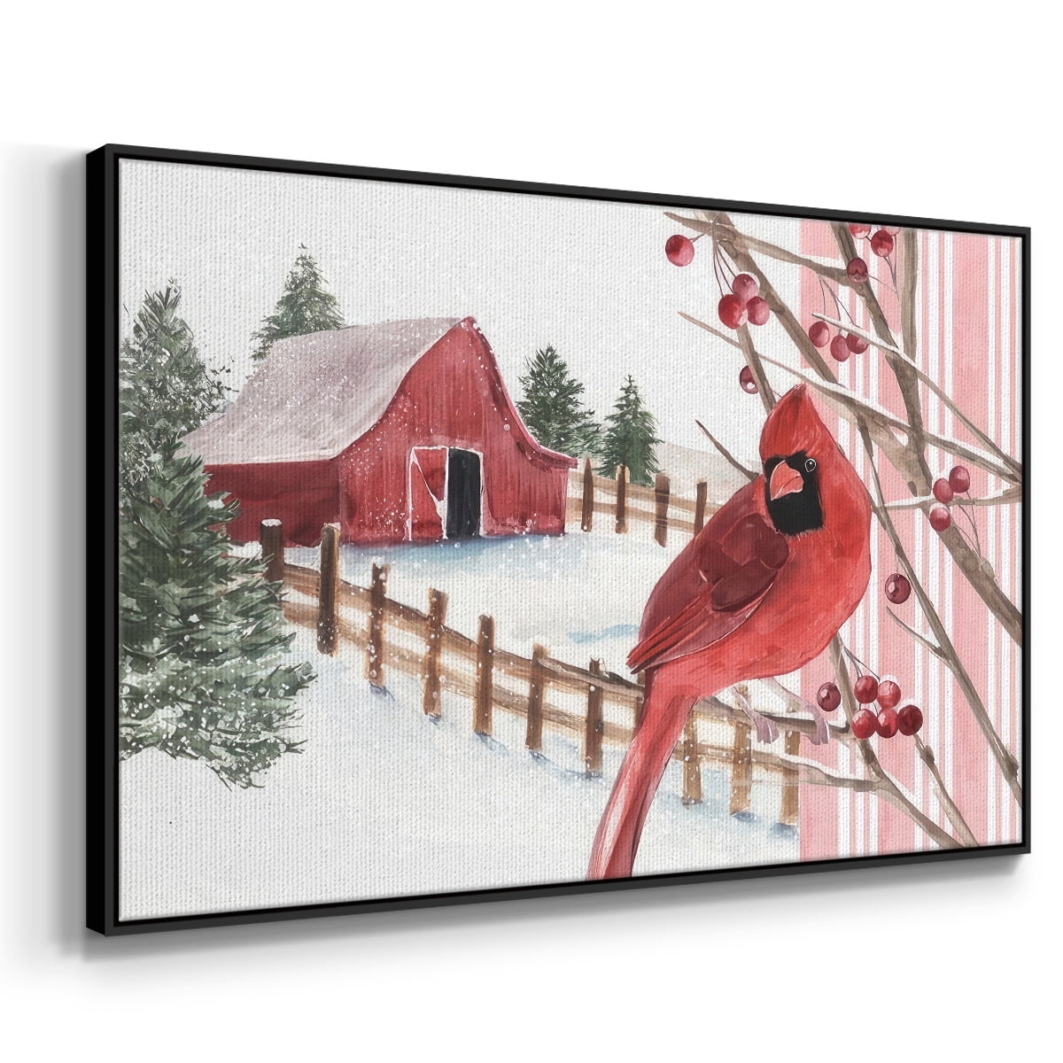 Winter Cardinal Collection A - Framed Gallery Wrapped Holiday Canvas - 27 x 41 - Black Frame