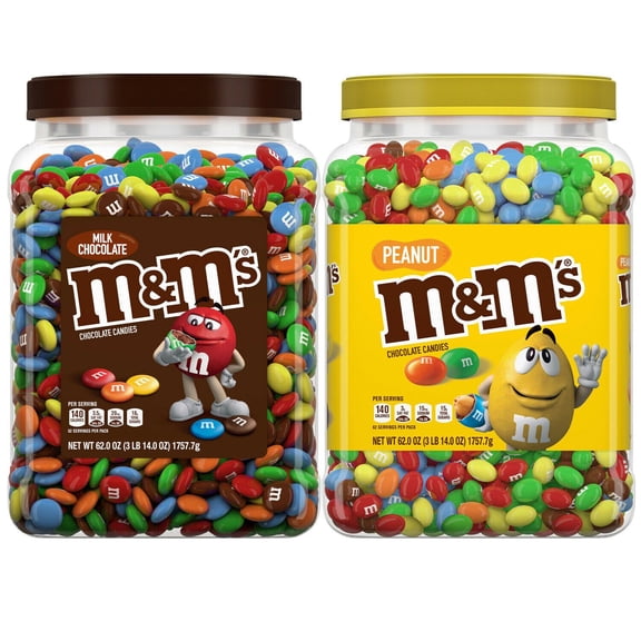 M&M's Bundle 1 Peanut Chocolate Candy Jar & 1 Milk Chocolate Plastic Pantry Size Jar (62 oz.)