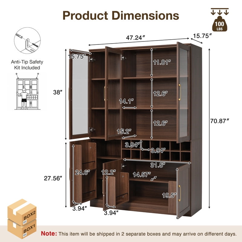 70.87" Tall Home Bar Cabinet with Glass Doors, Storage Cabinet with Removable Wine Cubbies, Kitchen Pantry with Adjustable Shelves