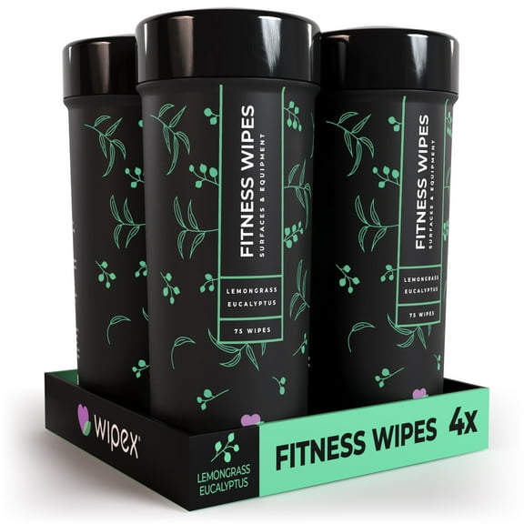 Wipex Natural Gym & Fitness Equipment Wipes - Lemongrass, Eucalyptus & Vinegar - 4PK, 75 Count Canisters - All-Purpose Cleaner for Surface Cleaning