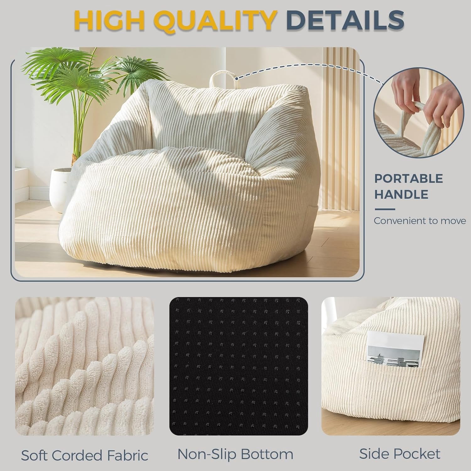 Leumius Bean Bag Sofa,Bean Bag Chair with Tufted Soft Stuffed Filling,Lazy Sofa BeanBag Chairs with Memory Foam for Dorm, Apartment, Living Room,Beige
