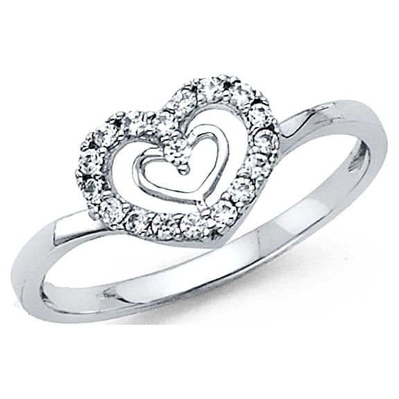 Solid 14k White Gold Heart n Heart Ring CZ Love Band Right Hand Promise Ring Curve Stylish , Size 7
