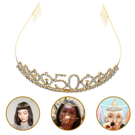GOOHOCHY Golden Birthday Tiara with Crystal Rhinestones for Girls 50th Celebration Size Fits Most