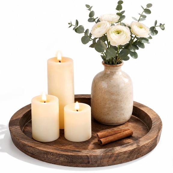 Round Distressed Effect Wood Candle Plate Holder Tray, Rustic Farmhouse Decor Tealight & Pillar Candle Display Tray for Bedroom Living Room Bathroom Home Room Decor